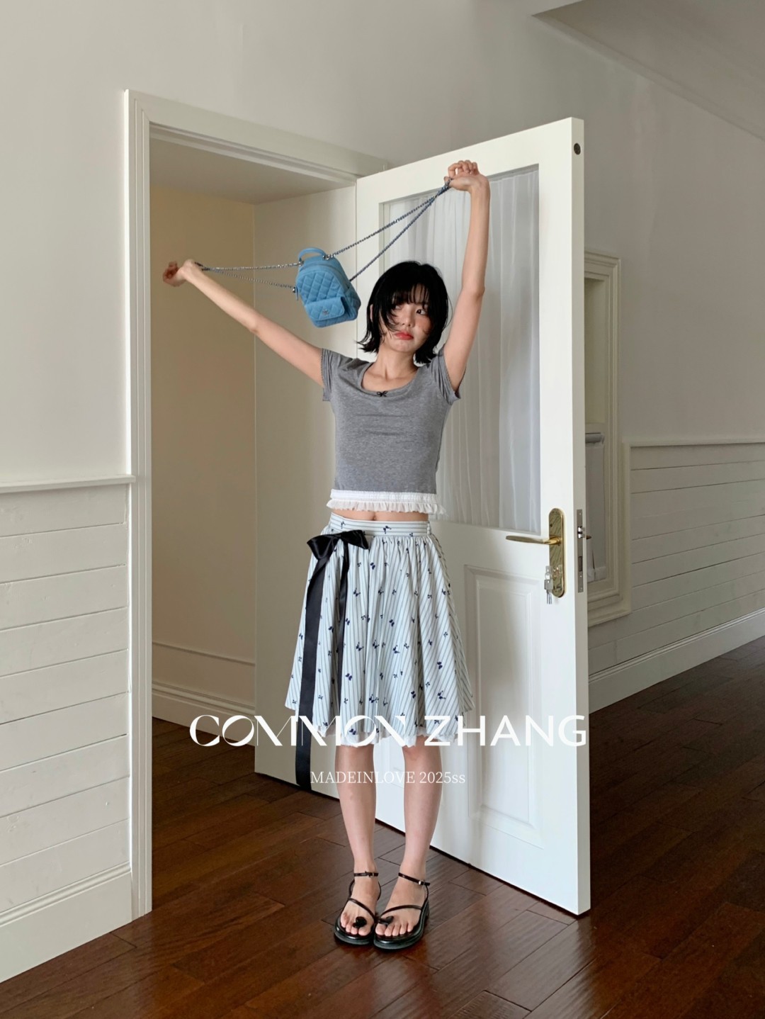 CZ ZHANG夏季韩版少女感减龄蝴蝶结拼接U领纯色天丝短袖T恤B20757详情37