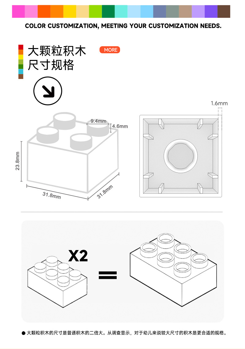 万格中国积木大颗粒儿童2-6岁男孩益智拼装拼插玩具加高圆坡2孔详情2