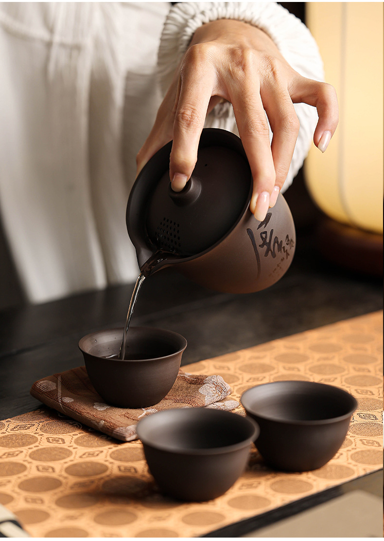 Outdoor one-pot three-cup tea set, portable purple clay quick guest cup, light luxury travel tea pot, gift and souvenir pic 14