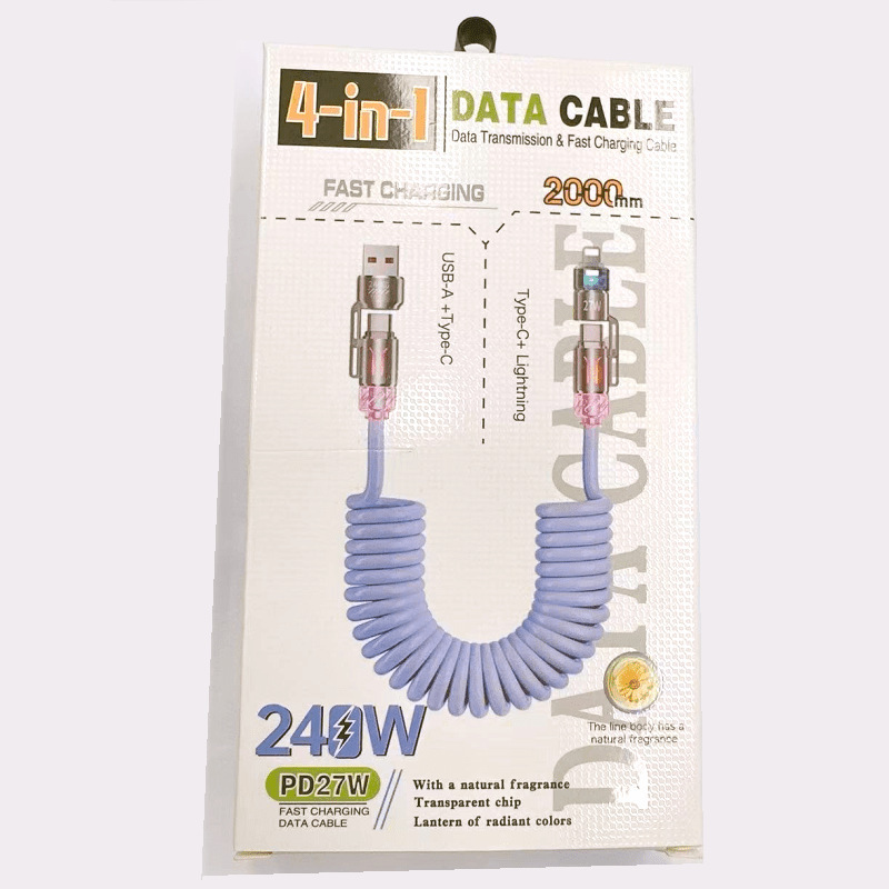 跨境新款240w四合一弹簧快充线2米长车载香薰数据线苹果安卓适用详情2