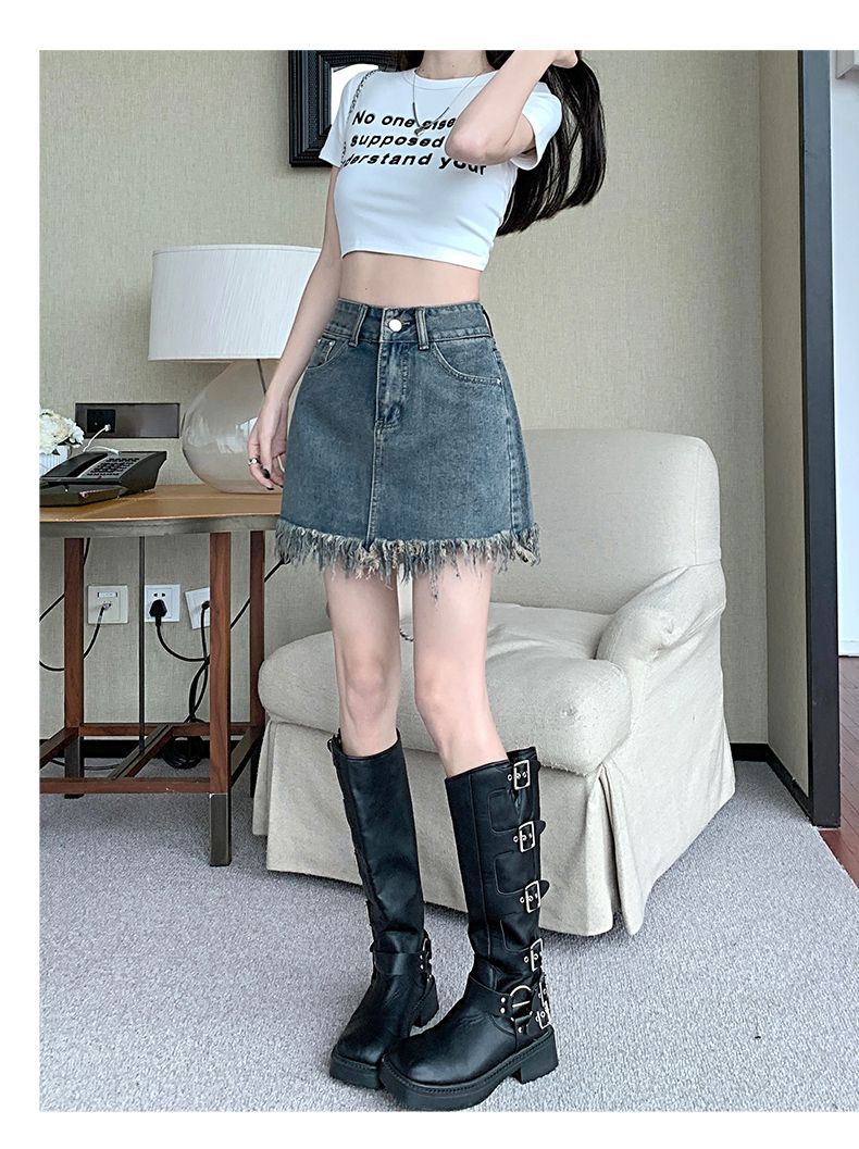 复古a字牛仔短裙女小众设计感2025夏季高腰流苏毛边包臀裙带内衬详情1