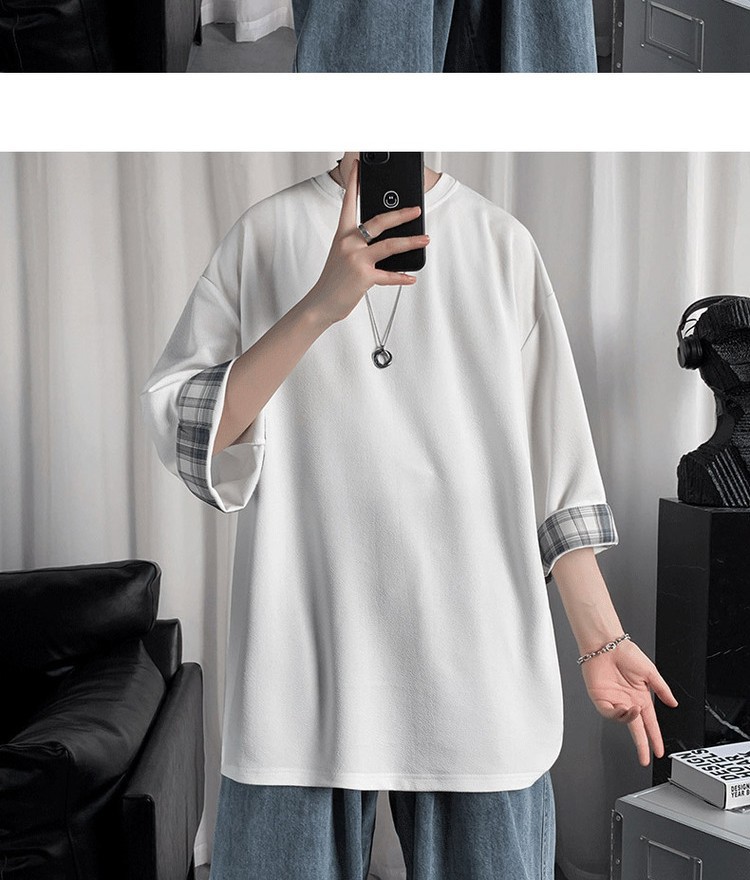Ice Silk short-sleeved men's summer thin trendy brand cool and drape T-shirt, Hong Kong style loose, bf lazy style patchwork 7 3/4 sleeve pic 14