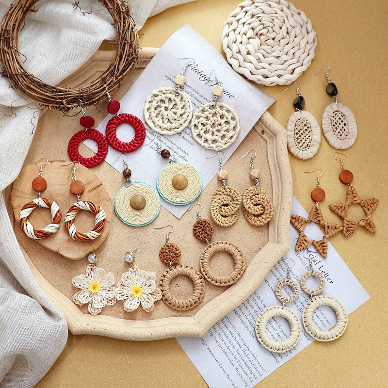 新夏季波西米亚复古度假草藤编织耳环女气质长款海岛沙滩木质耳饰详情2