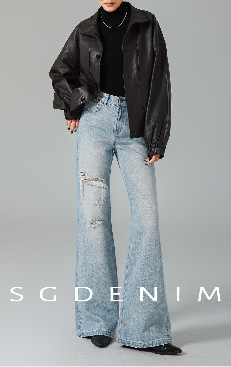 Classic light blue ripped high-waisted flared jeans for women, wide-leg retro flared pants, 25 early autumn new style, slimming pic 8