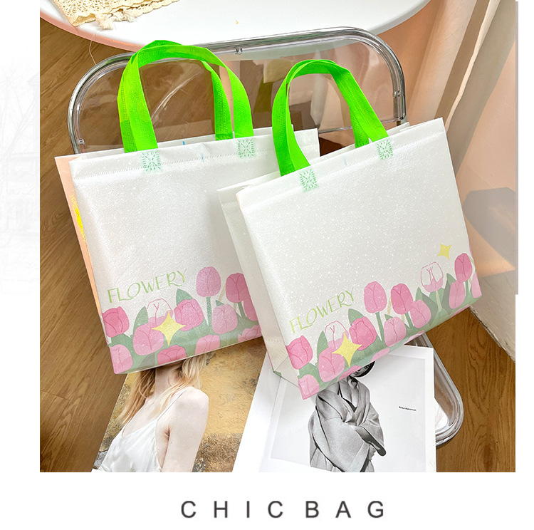 Fresh and clean tulip packaging bags, gift bags, clothing store bags, shopping bags, laminated non-woven fabric bags, handbags pic 9