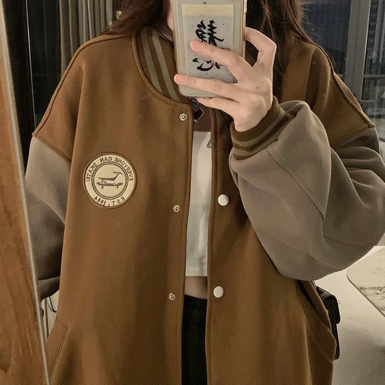 慵懒风棒球服外套女秋冬季加绒加厚复古宽松休闲开衫卫衣ins潮详情5
