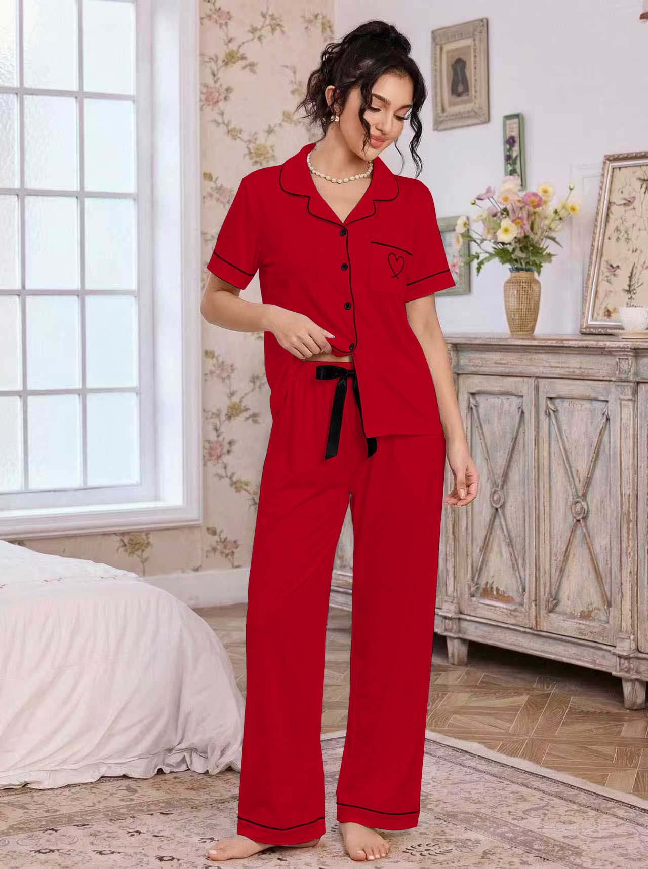 亚马逊欧美家居服套装翻领开衫短袖长裤爱心绣花睡衣女外贸独立站详情20