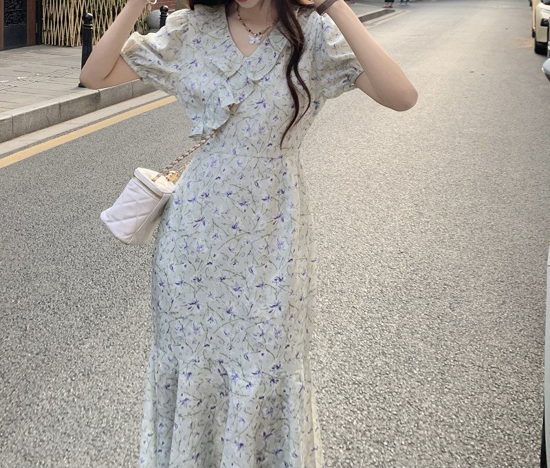 短袖碎花连衣裙中长款鱼尾裙新款初恋气质时尚温柔风裙子详情7