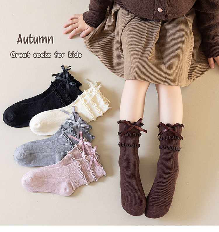 儿童袜子春秋款木耳边堆堆袜可爱蝴蝶结女童洛丽塔花边公主中筒袜详情1
