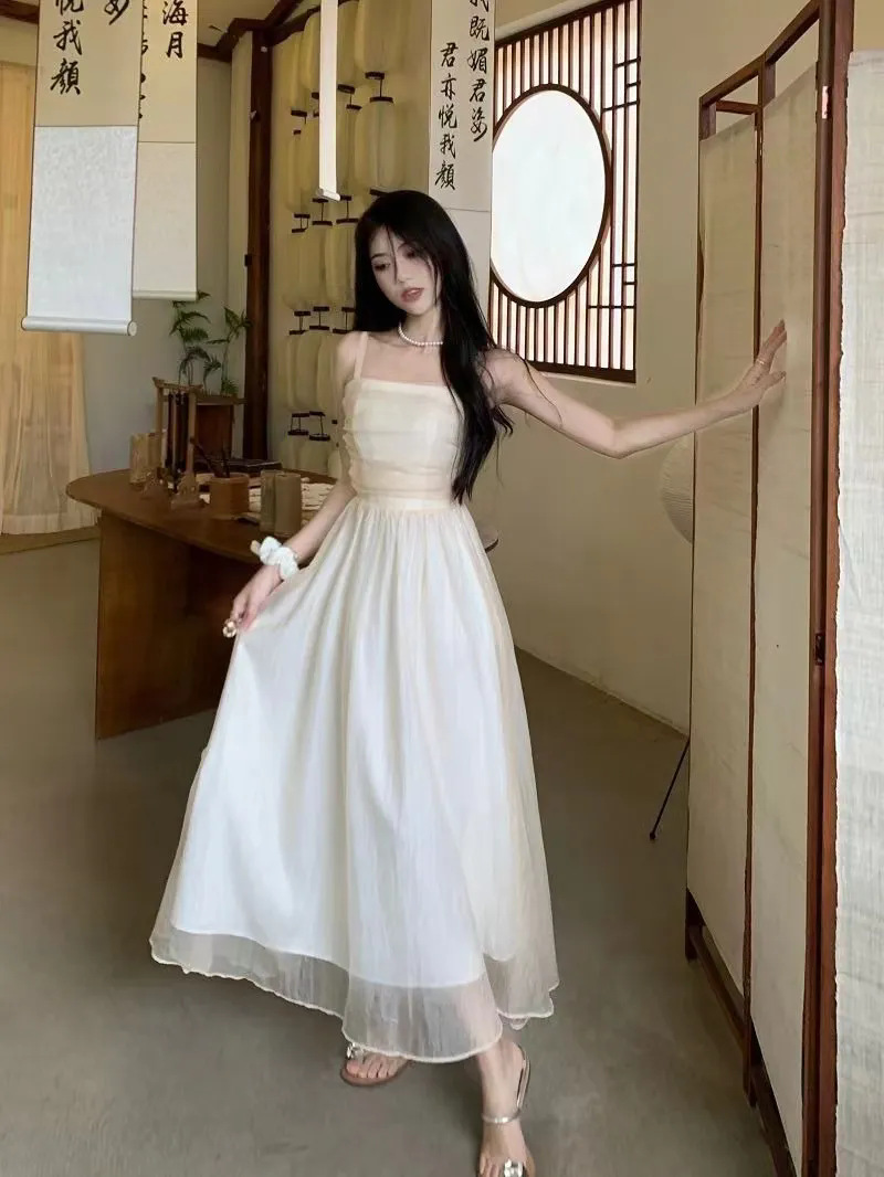 女装法式白色吊带长裙夏新款2024气质收腰显瘦纯色礼服超仙连衣裙详情29