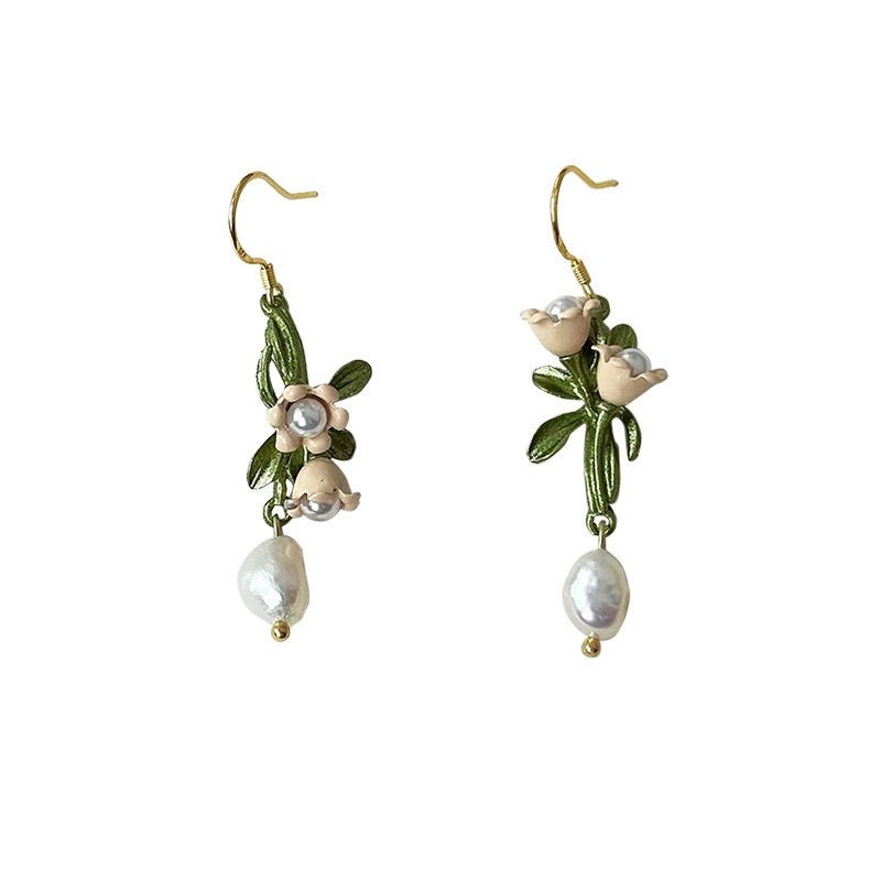 Freshwater pearl 925 silver needle asymmetrical handcrafted design, lily of the valley earrings, French high-end style, earrings factory pic 9