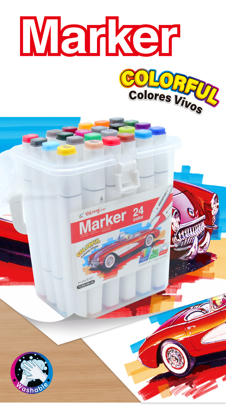 Yalong Cross-border Classic Bestseller student art supplies 24-color marker pens with double-pointed markings pic 1