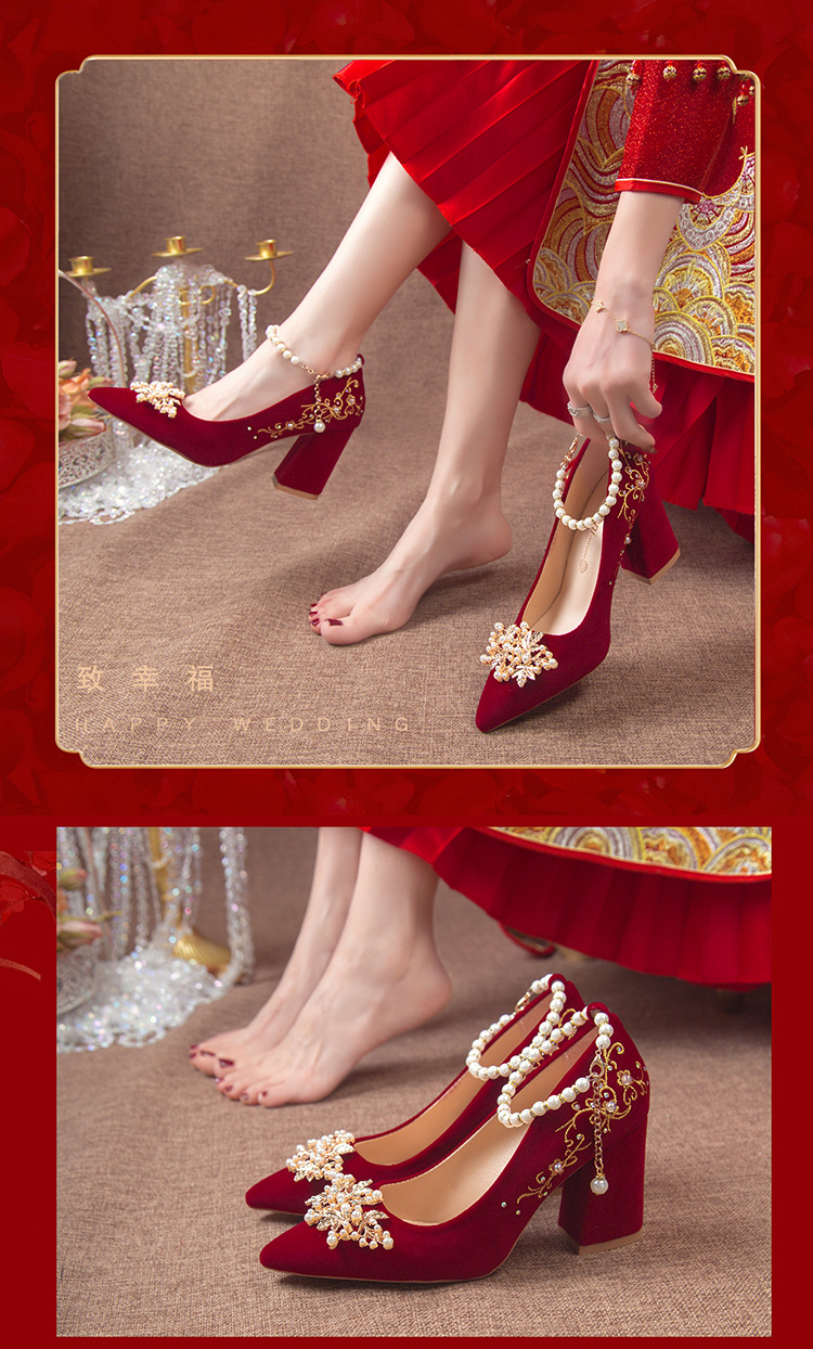 尖头粗跟结婚鞋子2024年新款中式秀禾敬酒服酒红色新娘婚鞋女孕妇详情5