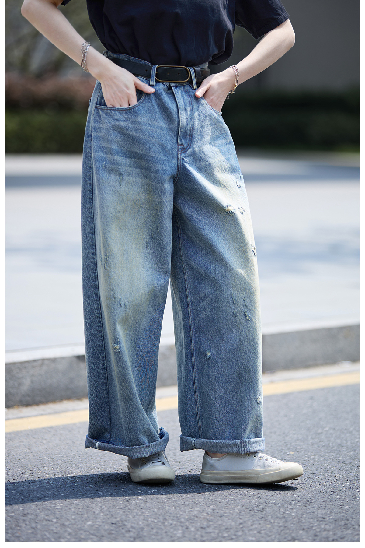 【 Random Thoughts 】 Summer Storm Ripped Heavy Washed jeans straight-leg pants for all four seasons pic 46