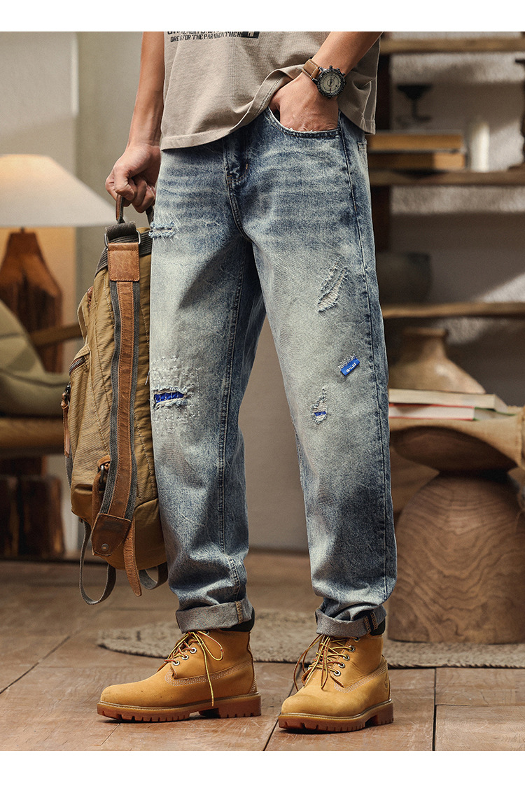 美式复古破洞牛仔裤男宽松直筒潮牌重磅水洗刺绣时尚哈伦男装长裤 男士时尚牛仔裤详情10