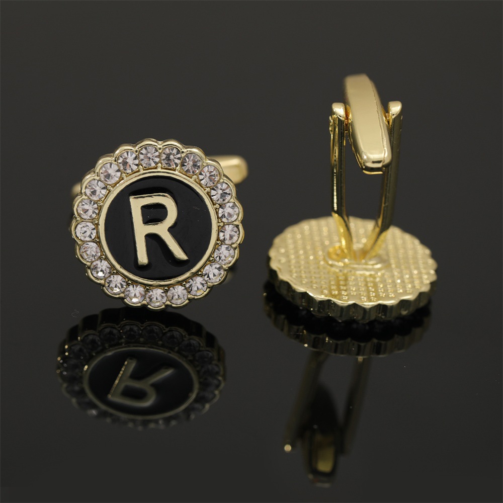 大写字母袖扣圆形镶钻袖钉合金滴油男士衬衫扣26英文字母A-Z配饰详情36