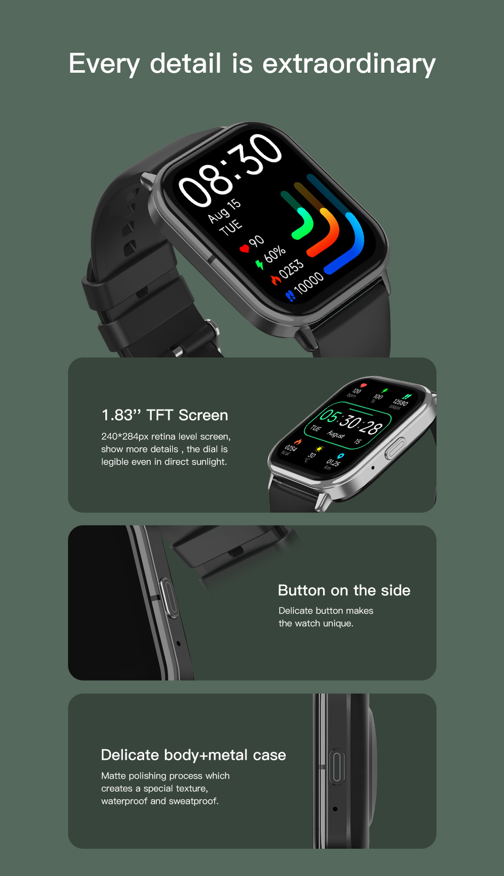 亚马逊爆款T19F蓝牙通话手表心率睡眠多运动音乐IP68防水智能手表详情3