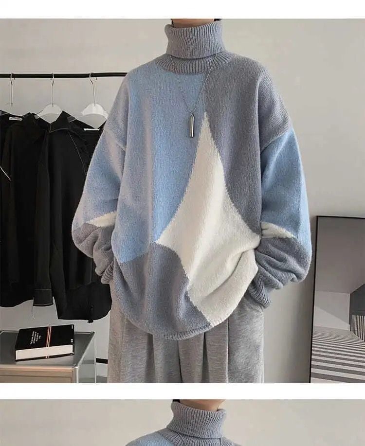 High-neck sweater for men, Hong Kong-style knitted sweater for both men and women, thick, trendy, loose and laid-back sweater for men in winter pic 1