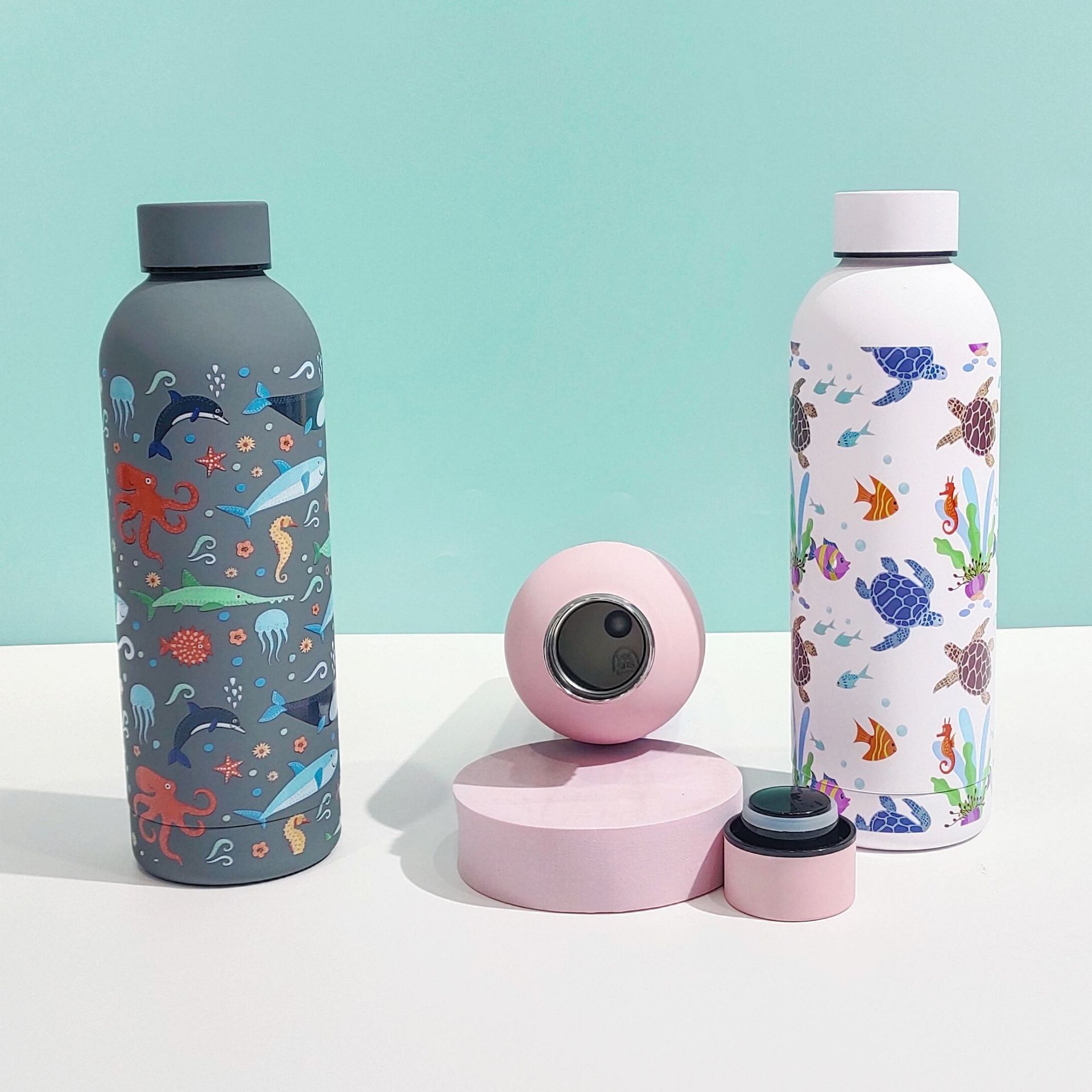 外贸新款不锈钢小口瓶保温杯海洋精美图案户外便携式美式运动水瓶详情7