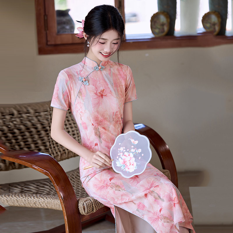 国潮粉色国风传统中式长款旗袍改良年轻款2025新款女复古修身短袖夏季详情14