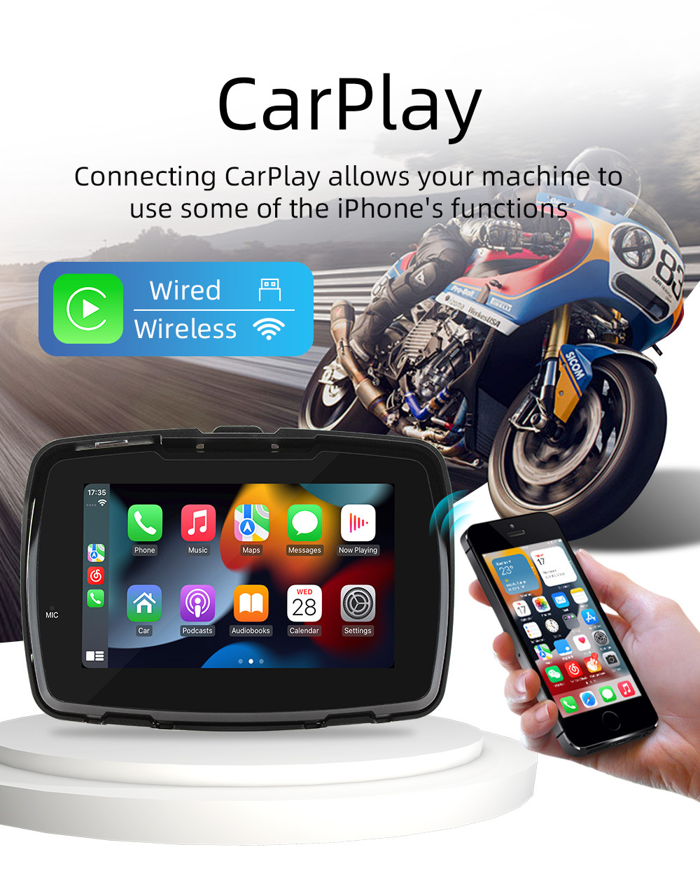 5寸摩托车便携式车载MP5播放器 无线carplay高清触摸屏防水导航详情7