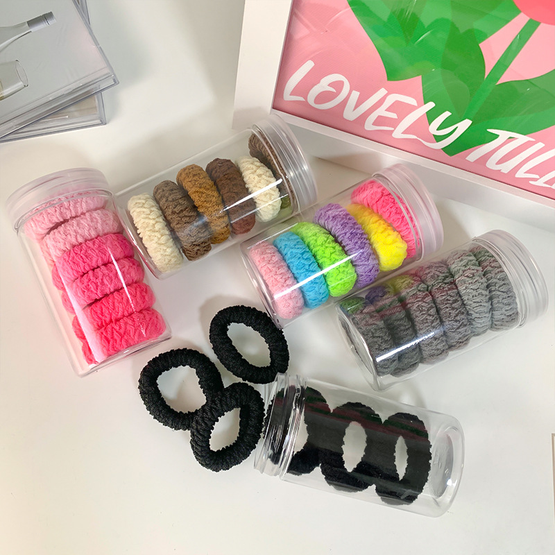 新款简约高马尾头绳加厚加粗毛巾圈无接缝彩色高弹力罐装头绳发绳详情6