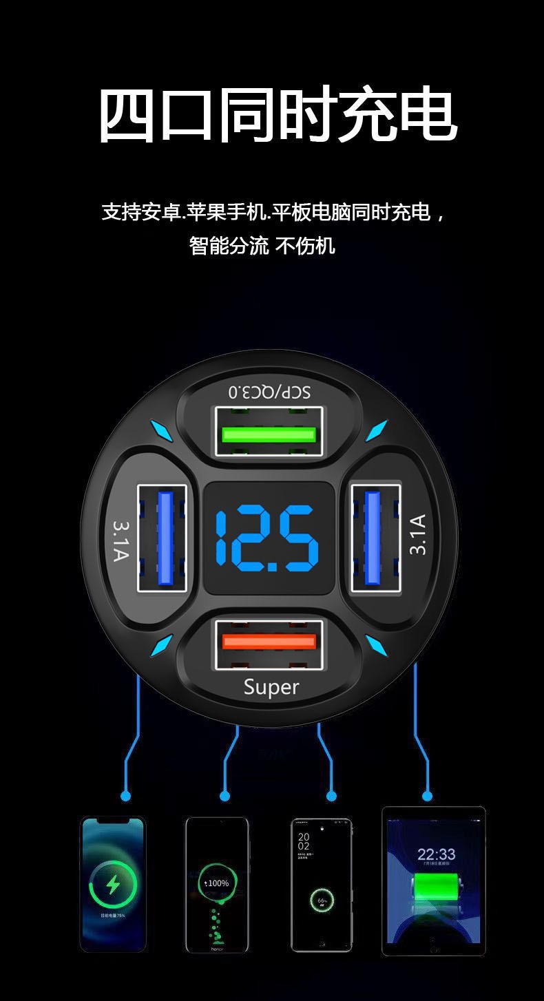 4口车载充电器超级快充USB安卓QC3.0车内66W大功率手机充电器详情2