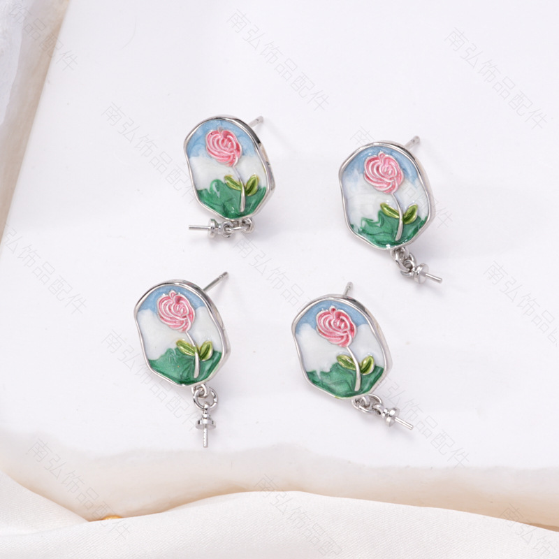S925 Silver Needle Pearl Ear studs, ear studs, peach rose, Monet oil, vintage oil painting, Chinese style diy copper accessories pic 14