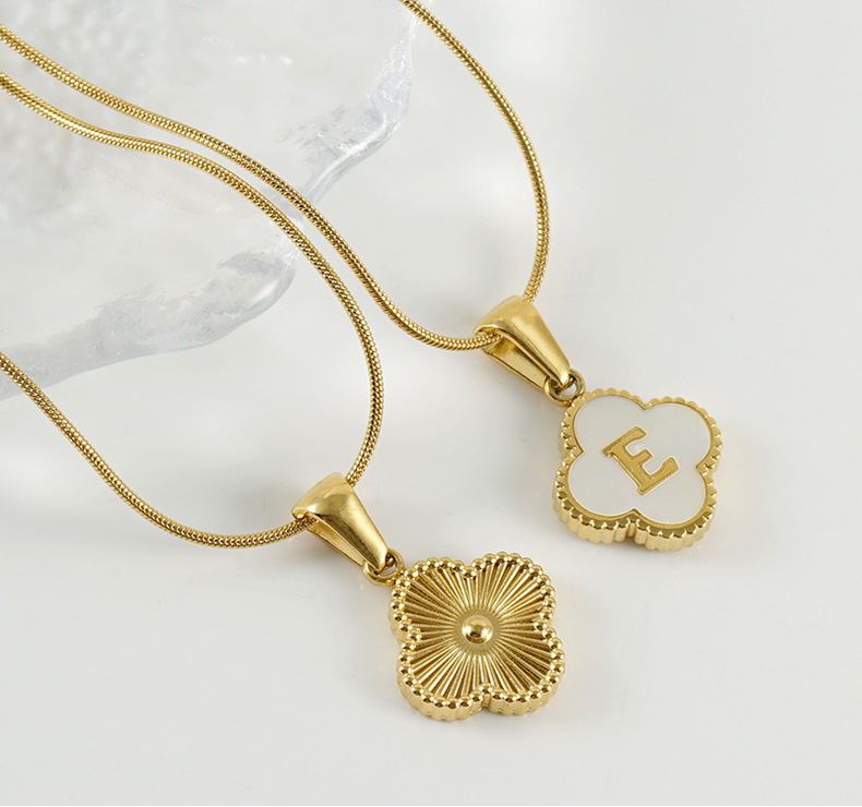 European and American cross-border stainless steel four-leaf clover shell letter pendant in gold, 26 English letters titanium steel snake bone necklace for women pic 19