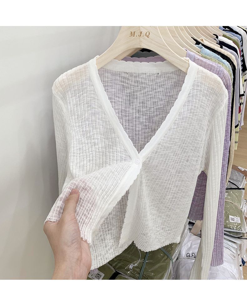 针织冰丝开衫长袖夏季黑色春秋薄款外搭短款空调衫披肩上衣女详情2