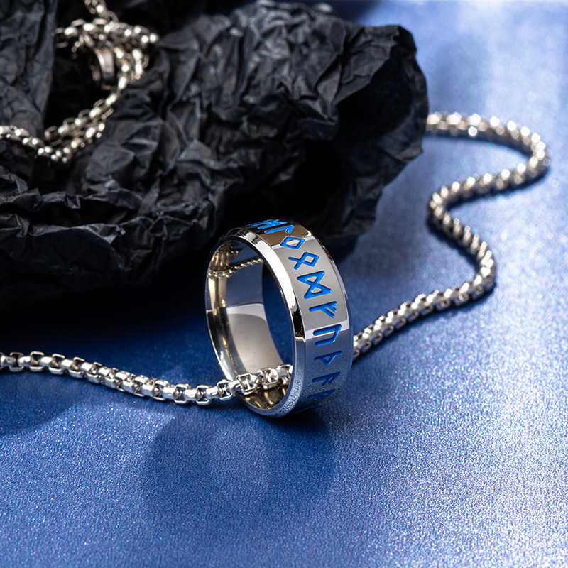 Xiyin Cross-border European and American new jewelry, Nordic Viking language pendant titanium steel necklace, 60cm versatile pearl chain pic 6