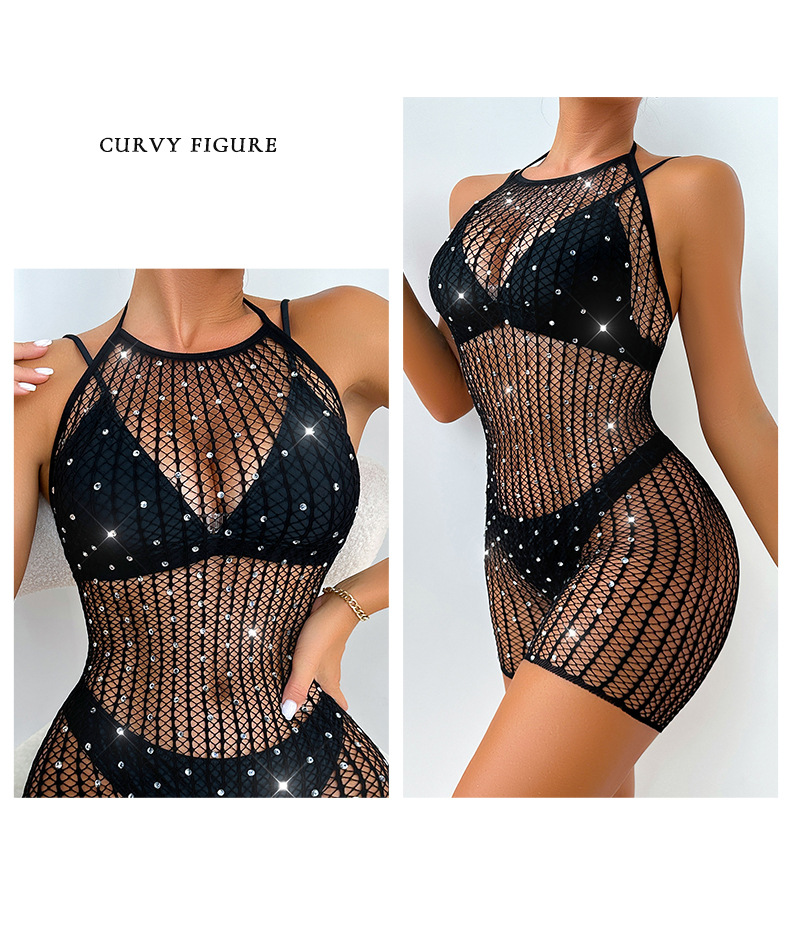 European and American large-sized Amazon bestseller hot diamond net garment one-piece adult lingerie, Starry Sky openwork see-through net garment 8116 pic 8