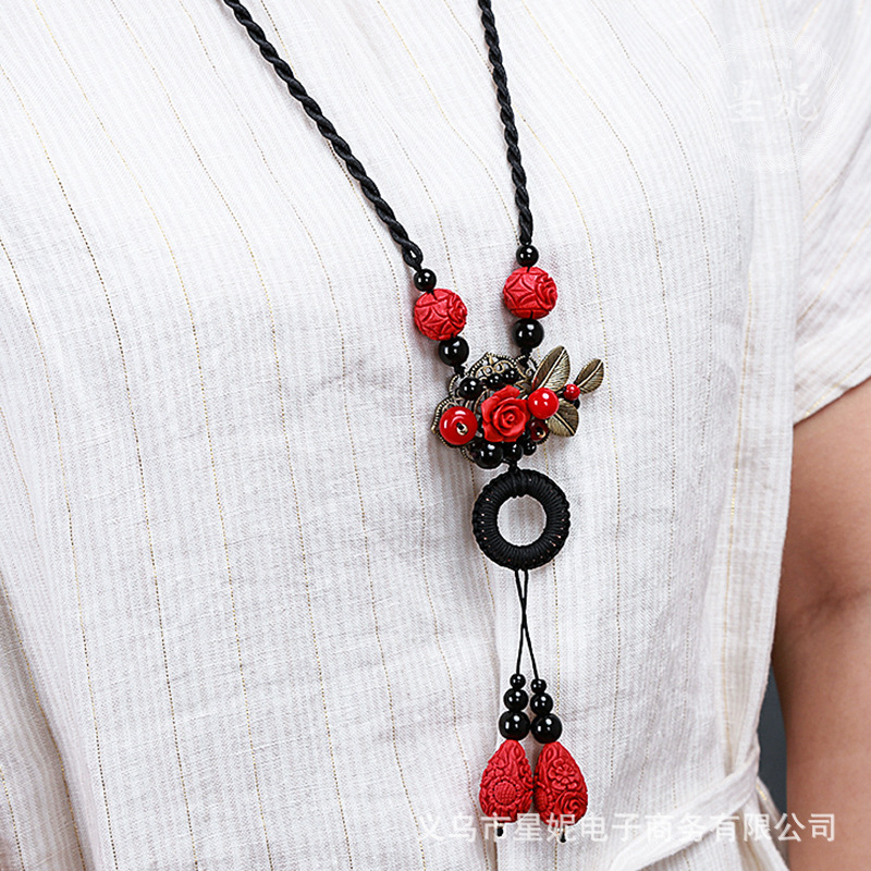 Retro ethnic style, new court-style earrings, alloy cinnabar Hanfu accessories, round face earrings, necklace pic 6