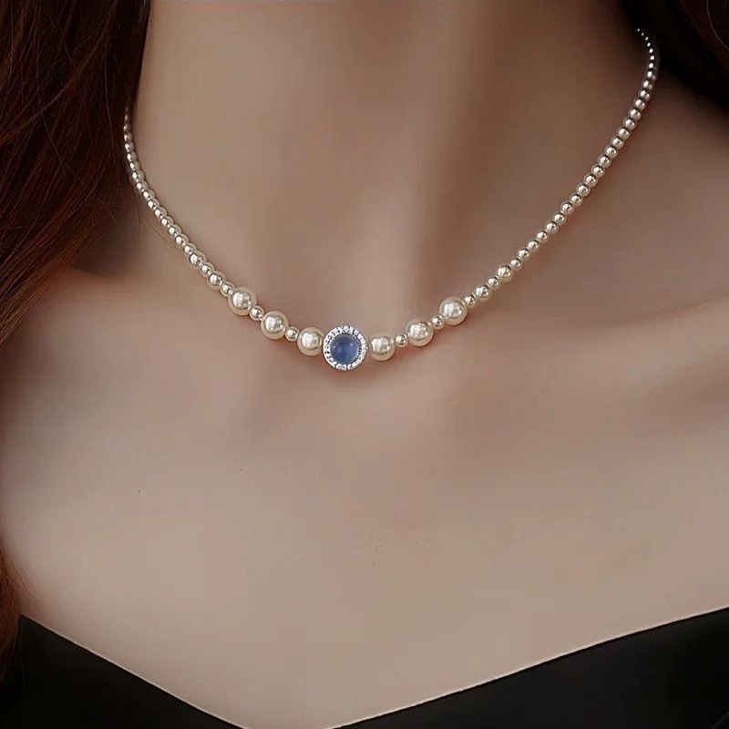 S925 sterling silver 12.18 aquamarine pearl necklace for women, French light luxury, niche design, simple and elegant, versatile and high-end pic 5