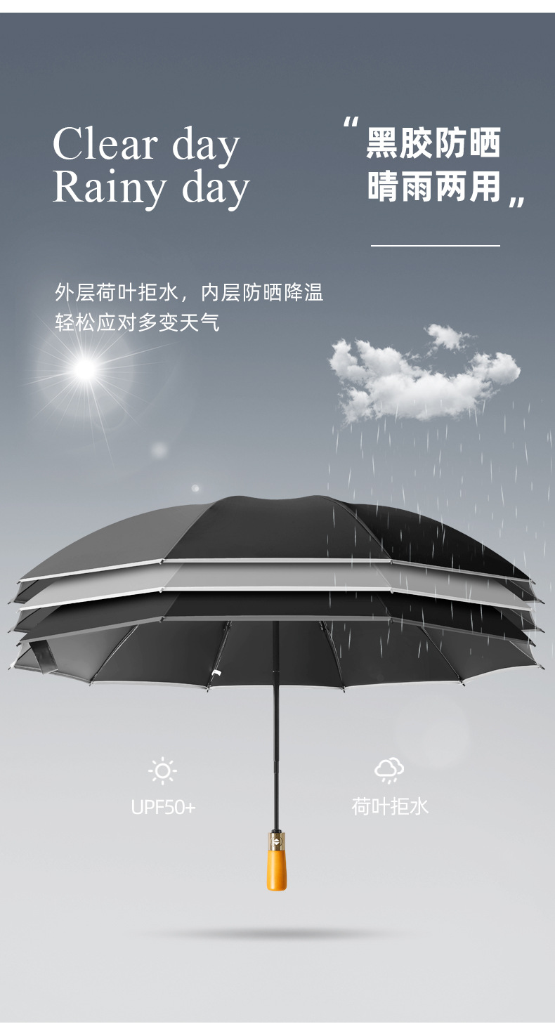 新款十骨双龙骨黑胶古铜拉丝反向伞配色手柄三折晴雨伞礼品伞印lo详情31
