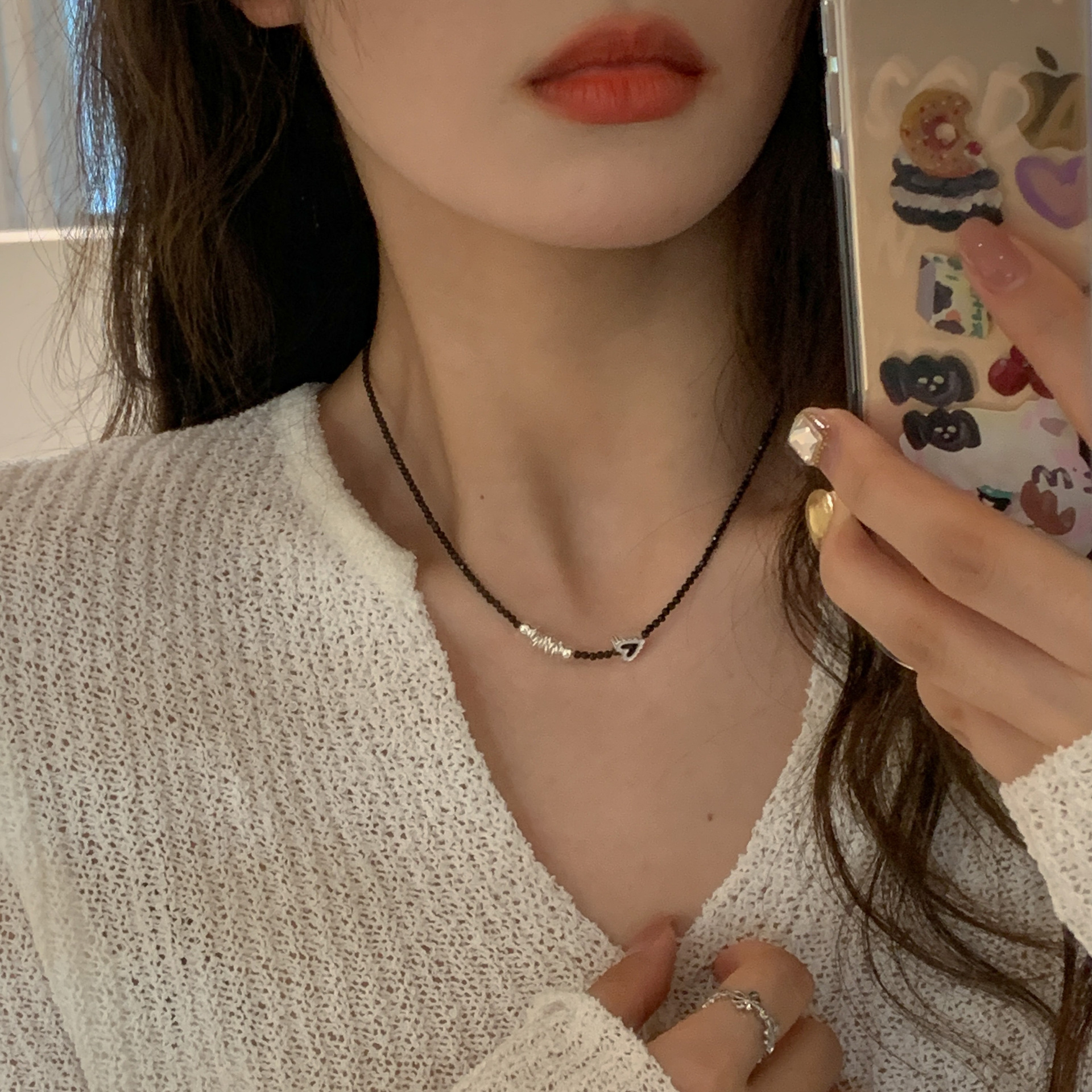 925纯银不规则黑色晶石项链女简约手工穿制爱心滴油锁骨链N1038详情7