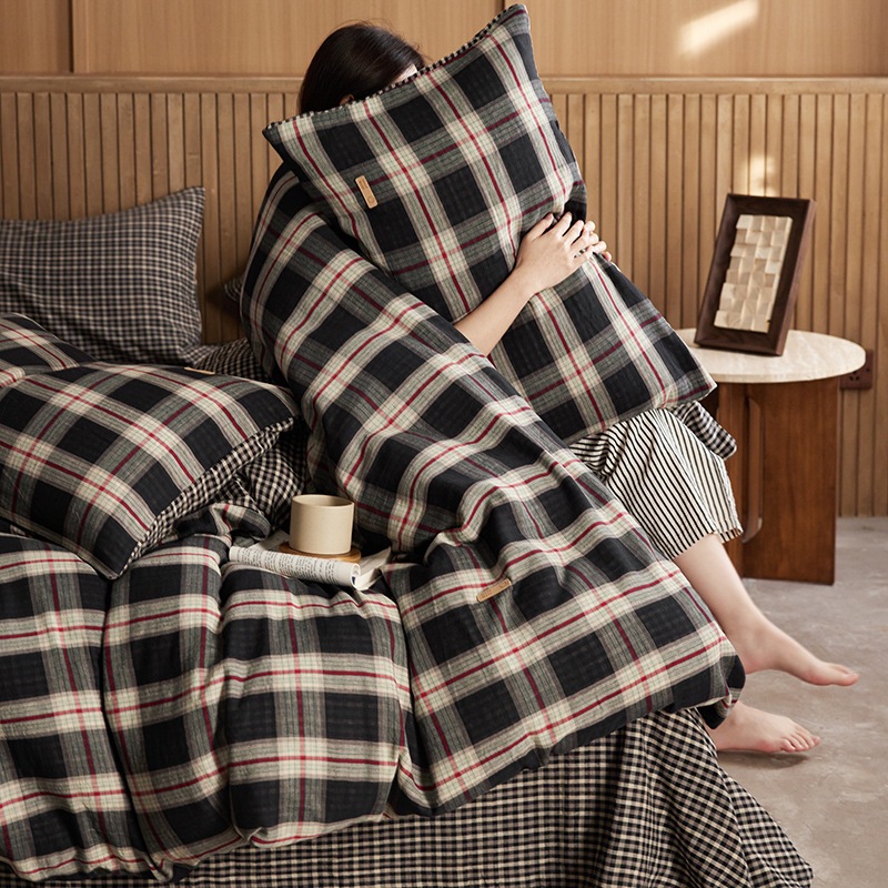 All-cotton Class A double-layer yarn four-piece set, double-layer yarn quilt cover and bed sheet four-piece set, pure cotton double-layer yarn checkered four-piece set pic 10