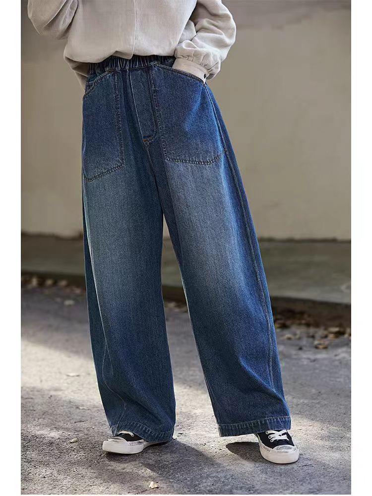 2025新款秋冬海蓝色纯棉加厚宽松休闲文艺阔腿裤松紧腰弯刀牛仔裤详情9