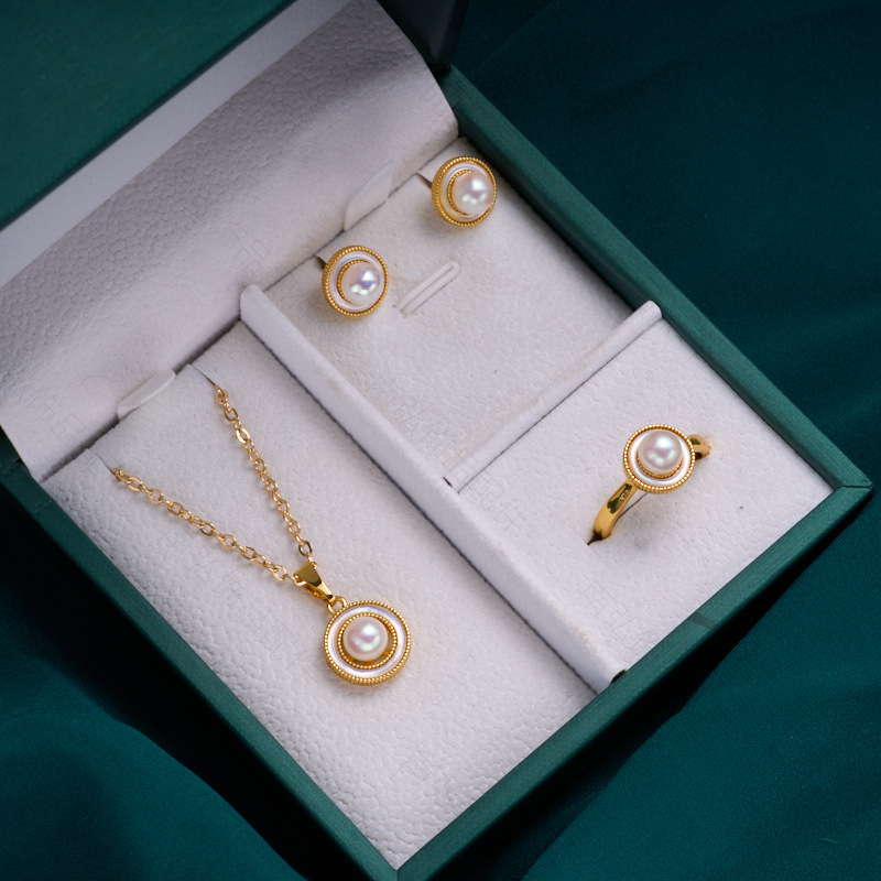 Pearl ring, earneedle pendant, three-piece set, empty stand, four-petal flower, white butterfly shell design, high-end DIY light luxury earrings pic 16