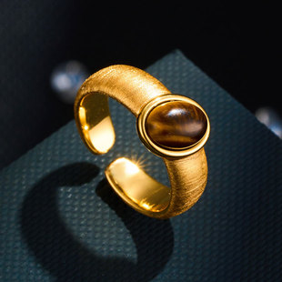 Light luxury retro Nanhuang stone open ring, copper alloy real gold electroplated brushed adjustable index finger ring, whitening ring pic 3