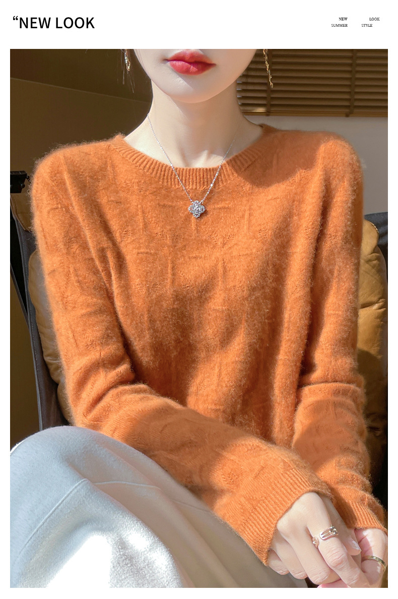 镂空花一线成衣100纯羊毛衫女圆领长袖针织羊绒毛衣宽松软糯打底详情48