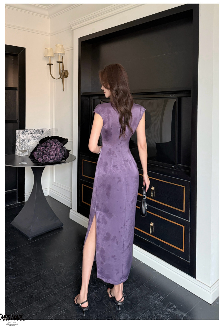 紫色缎面改良旗袍女2025春夏绝美新中式蝴蝶连衣裙详情7