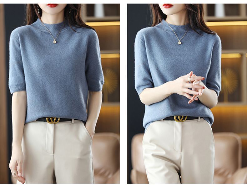 A semi-high-neck casual knitted sweater for women in spring 2023, in a solid color, paired with a half-sleeved base layer sweater T-shirt pic 21