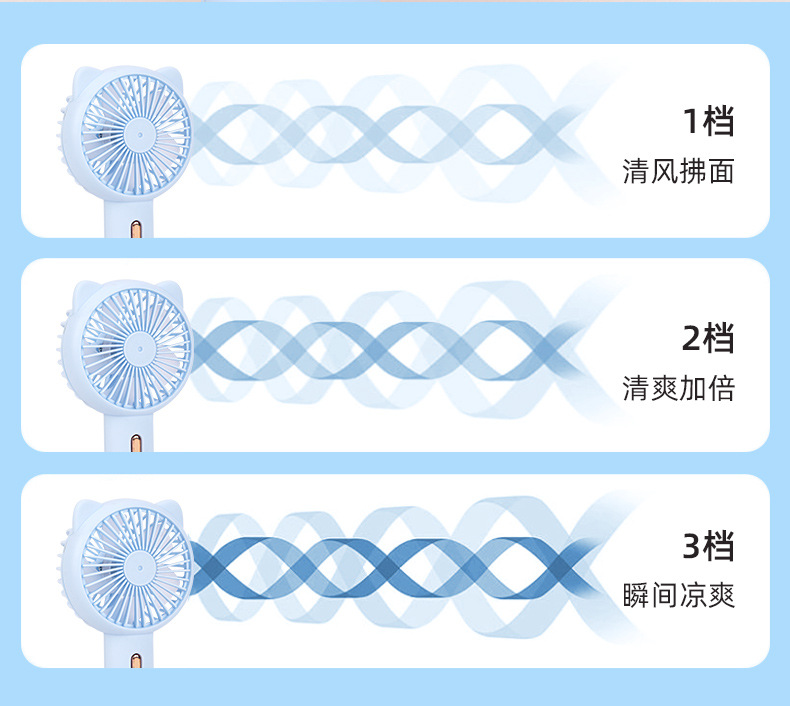 卡通可爱小猫手持风扇USB充电迷你三档风力户外便携小风扇批发详情5