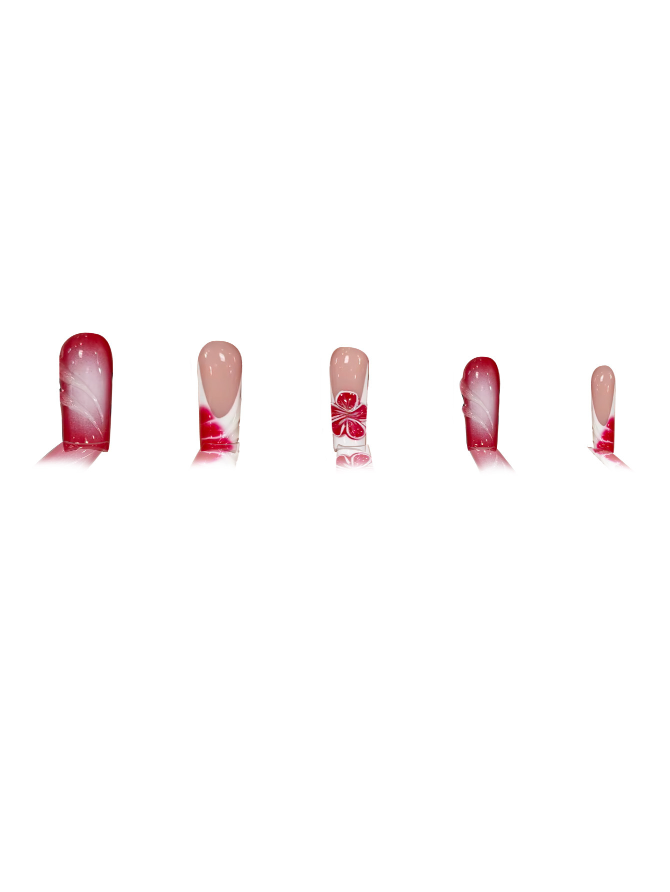 Cross-border bestseller: Wholesale of a set of 24-piece red gradient gradient French 3D flower long pipe nail prosthetics pic 4