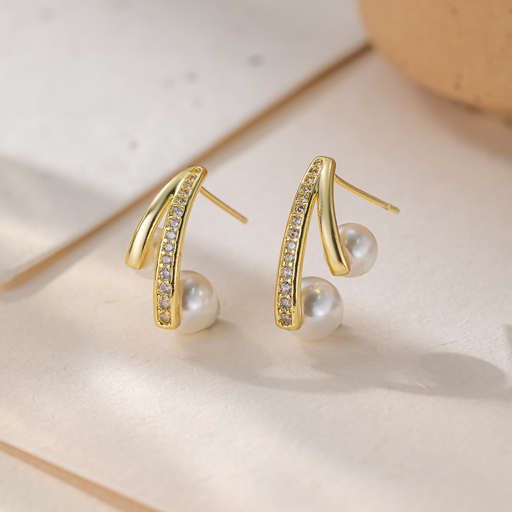 真金电镀珍珠耳钉女时尚通勤轻奢耳饰新款欧美风耳环详情4