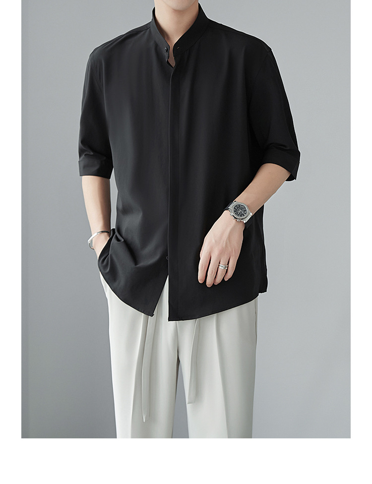 新中式立领中袖衬衫男夏季新款小众冰丝衬衣高级感垂感五分袖寸衫详情13