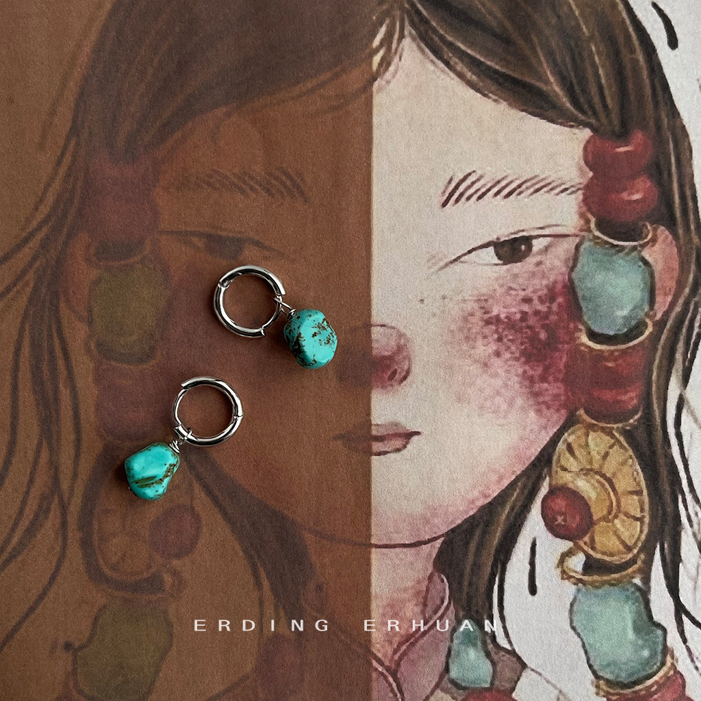 Original design sense, ethnic style, handcrafted synthetic turquoise, artistic and retro, irregular and irregular-shaped earrings, factory earrings pic 8