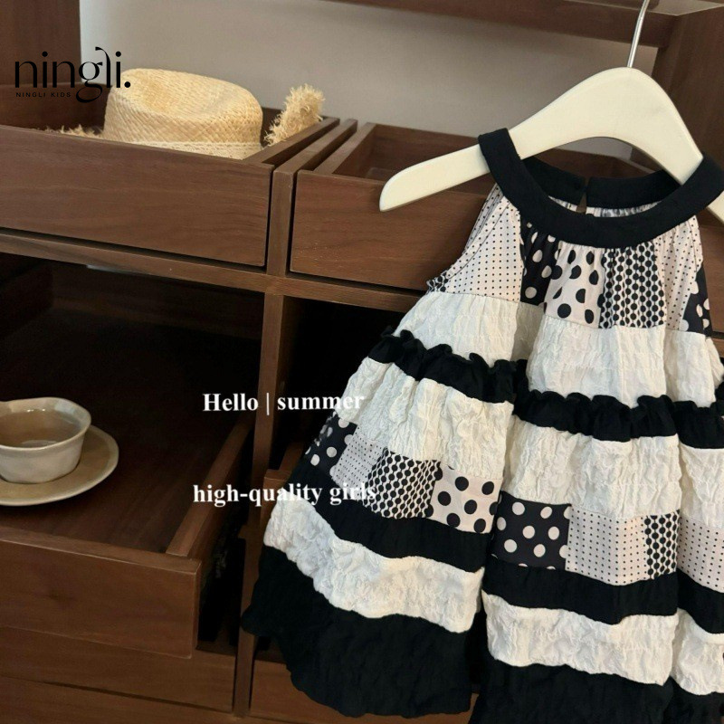 柠里女童吊带裙夏装小女孩时髦拼色波点挂脖背心裙洋气儿童连衣裙详情8