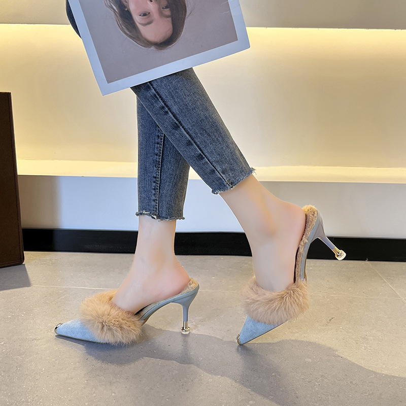 小众兔毛毛高跟鞋女冬天外穿细跟时尚加绒25网红气质半包拖鞋女潮详情5